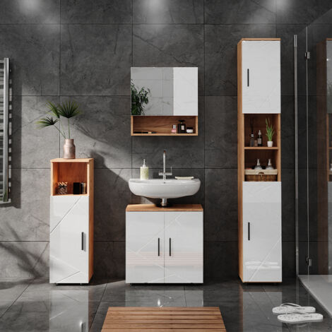 Set Mobile Bagno Libato 120 Cm Bianco Lucido - Lavabo, Specchio Con Luce LED E Armadietto Alto - Made In Germany - 3