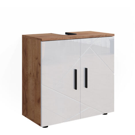Mobile sottolavabo per bagno Irma, Bianco lucido/oro power oak, 60 x 59 cm, Vicco