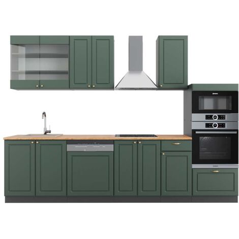 Cucina componibile Fame-Line, Verde-oro rustico/Antracite, 300 cm con armadio alto, PL Rovere, Vicco