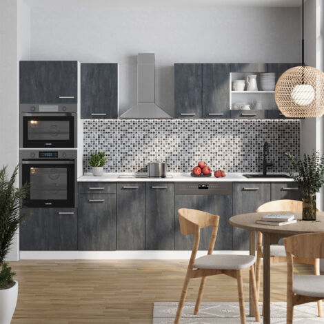 Cucina componibile R-Line, Nero cemento/bianco, 300 cm PL Marmo, Vicco