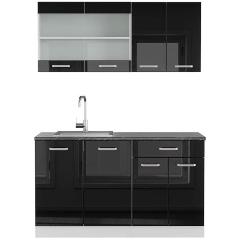 Cucina monoblocco R-Line, Nero lucido/bianco, 140 cm , PL Antracite, Vicco