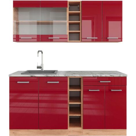Cucina completa R-Line, Bordeaux lucido/rovere dorato, 160 cm , PL Marmo, Vicco (1/5)