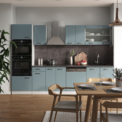 Cucina componibile R-Line, Grigio-blu, 300 cm con armadio alto, senza piano di lavoro, Vicco
