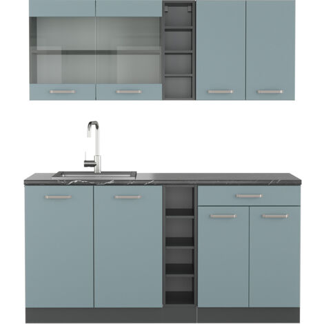 Cucina completa R-Line, Blu-grigio/antracite, 160 cm , PL Antracite, Vicco