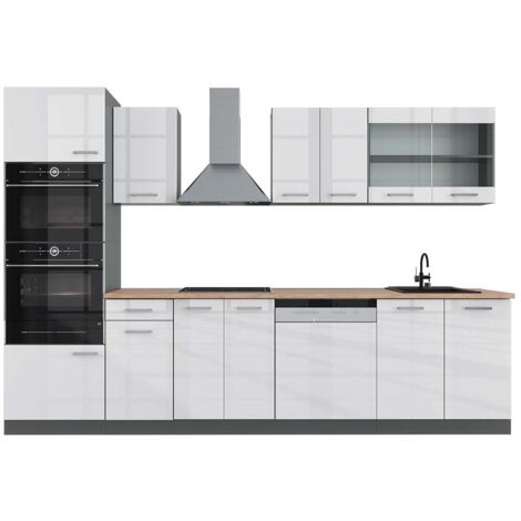 Cucina componibile R-Line, Bianco lucido/antracite, 300 cm con armadio alto, PL Rovere, Vicco
