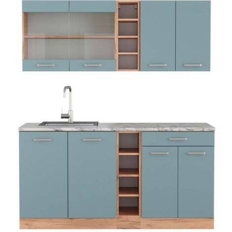 Cucina completa R-Line, Rovere blu-grigio/oro, 160 cm , PL Marmo, Vicco