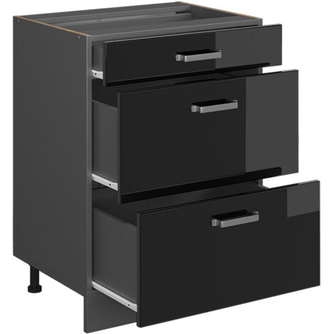 Mobiletto base per cucina R-Line, Nero lucido, 60 cm con cassetti, senza piano di lavoro, Vicco