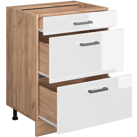 Mobiletto base per cucina R-Line, Bianco lucido, 60 cm con cassetti, senza piano di lavoro, Vicco