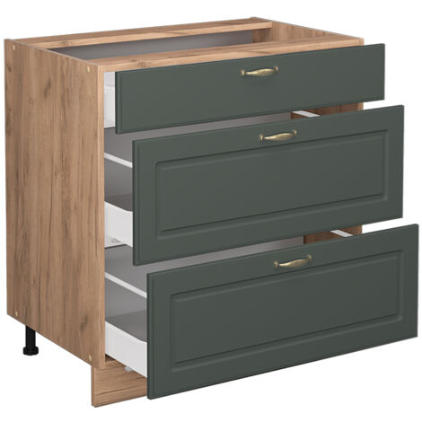 Mobiletto base per cucina Fame-Line, Verde-oro rustico, 80 cm con 3 cassetti, senza piano di lavoro, Vicco