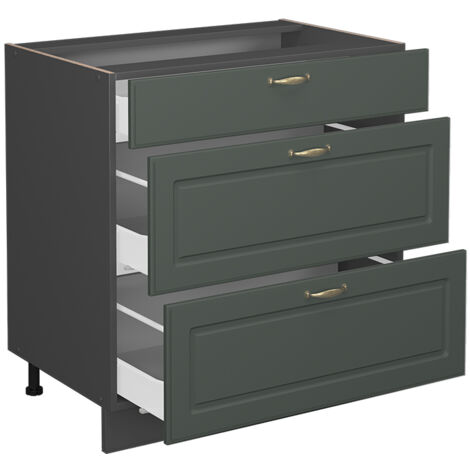Mobiletto base per cucina Fame-Line, Verde-oro rustico, 80 cm con 3 cassetti, senza piano di lavoro, Vicco