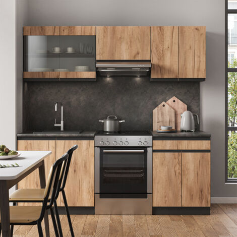 Cucina componibile R-Line, Rovere dorato/antracite, 200 cm Forma a J, Vicco