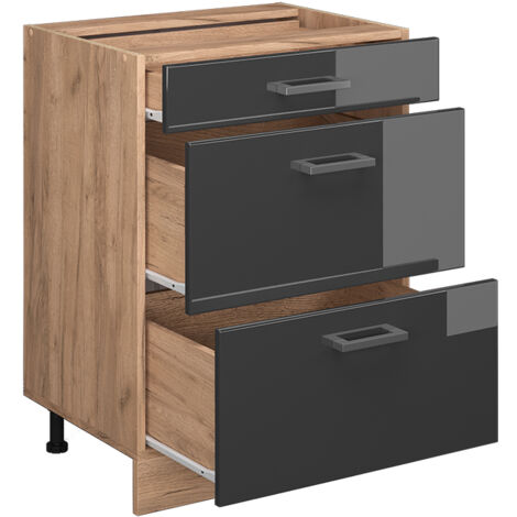 Mobiletto base per cucina R-Line, Antracite lucido, 60 cm con cassetti, senza piano di lavoro, Vicco