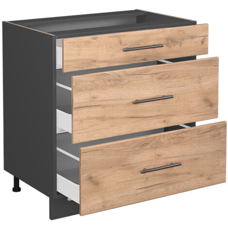 Mobiletto base per cucina Fame-Line, Rovere dorato, 80 cm con 3 cassetti, senza piano di lavoro, Vicco