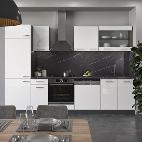 Cucina componibile R-Line, Bianco lucido/antracite, 300 cm senza piano di lavoro, Vicco