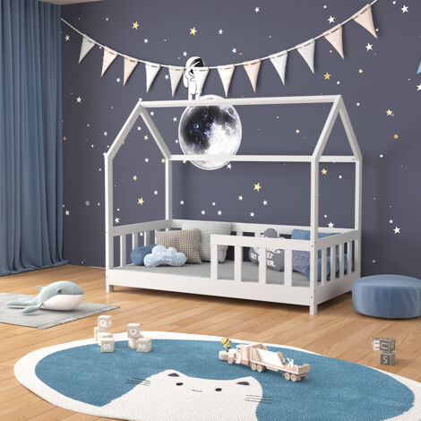 Letto montessori bambini Michelle, Bianco, 70x140 cm con protezione anticaduta, Vitalispa
