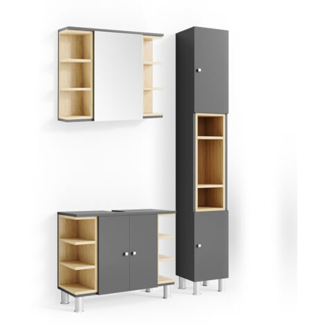 Set mobili bagno Aquis, Antracite, 3 parti, con colonna, Vicco