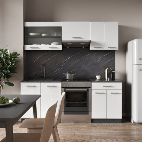 Cucina componibile R-Line, Bianco lucido/antracite, 200 cm senza piano di lavoro, Vicco