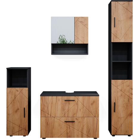 Set mobili bagno Irma, Rovere dorato/antracite, 4 parti, con cassettiera e colonna, Vicco
