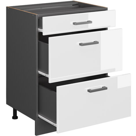Mobiletto base per cucina R-Line, Bianco lucido, 60 cm con cassetti, senza piano di lavoro, Vicco