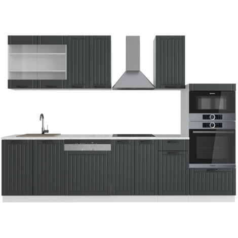 Cucina componibile Fame-Line, Antracite rustico/bianco, 300 cm con armadio alto, PL Marmo, Vicco