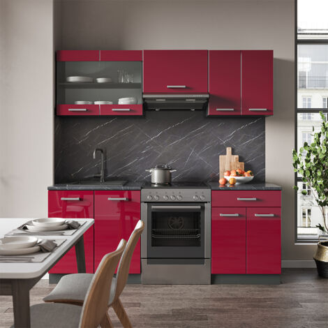Cucina componibile R-Line, Bordeaux lucido/antracite, 200 cm , PL Rovere, Vicco
