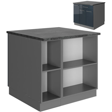 Isola cucina Fame-Line, Blu scuro lucido/antracite, 90 cm con cassetto, senza piano di lavoro, Vicco