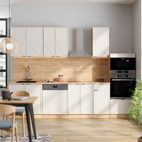 Cucina componibile Fame-Line, Grigio/beige/rovere dorato, 300 cm con armadio alto, senza piano di lavoro, Vicco