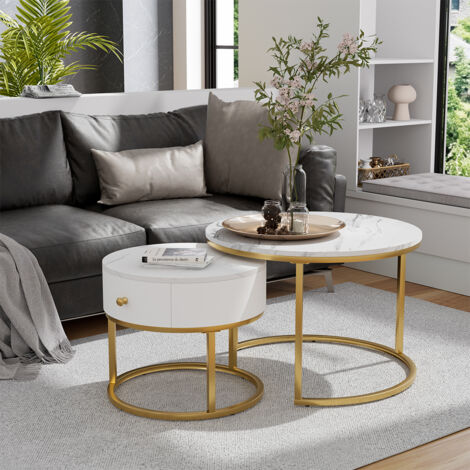 Set Di 2 Tavolini Bassi Impilabili Con 2 Cassetti - 60 X 60 X 45,5 Cm + 50 X 50 X 32 Cm Aspetto Marmo Lucido Mdf Oro E Bianco