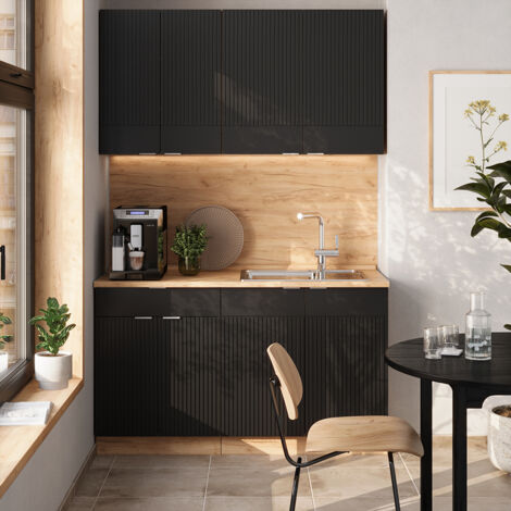 Cucina completa Fame-Line, Rovere nero rigato/oro, 140 cm senza piano di lavoro, Vicco