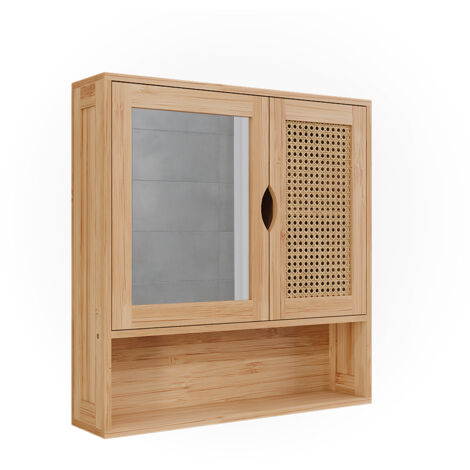 Specchio contenitore bagno Liora, Bambù/rattan, 56 x 58 cm con specchio, Vicco