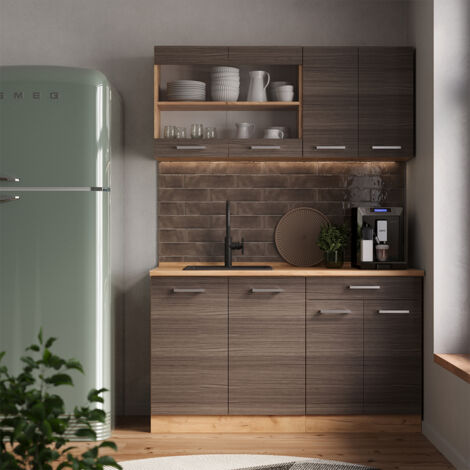 Cucina completa R-Line, Grigio nobile/rovere dorato, 140 cm senza piano di lavoro, Vicco