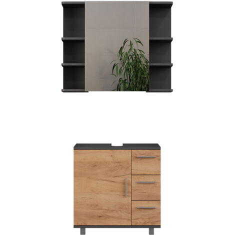 Set di mobili da bagno Ilias, Antracite/Rovere dorato, 2 parti, Vicco
