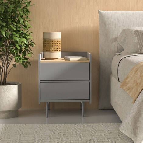 Comodino camera da letto Velina, Grigio/quercia, 48 x 58 cm con 2 cassetti, Vicco