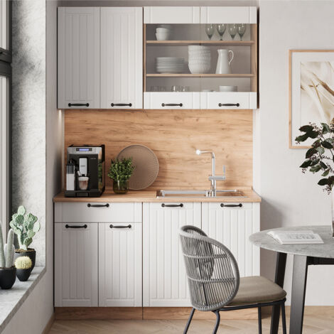 Cucina monoblocco Fame-Line, Bianco rustico, 140 cm , PL Marmo, Vicco