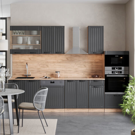 Cucina componibile Fame-Line, Grigio scuro, 300 cm con armadio alto, PL Rovere, Vicco