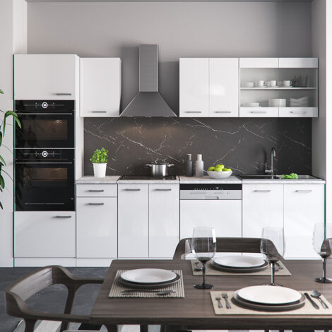 Cucina componibile R-Line, Bianco, 300 cm con armadio alto, senza piano di lavoro, Vicco