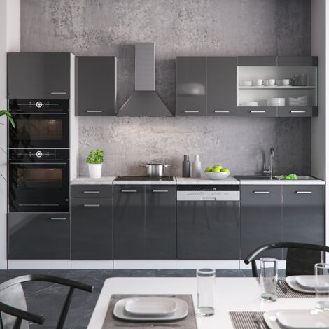 Cucina componibile R-Line, Antracite lucido/bianco, 300 cm con armadio alto, PL Marmo, Vicco