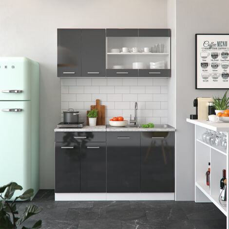 Cucina monoblocco R-Line, Antracite lucido/bianco, 140 cm , PL Marmo, Vicco