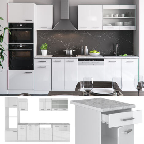 Cucina componibile R-Line, Bianco, 300 cm con armadio alto, PL Marmo, Vicco