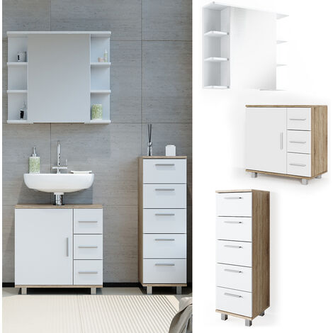 Set mobili per bagno „Ilias“ bianco/sonoma 3 pezzi Vicco