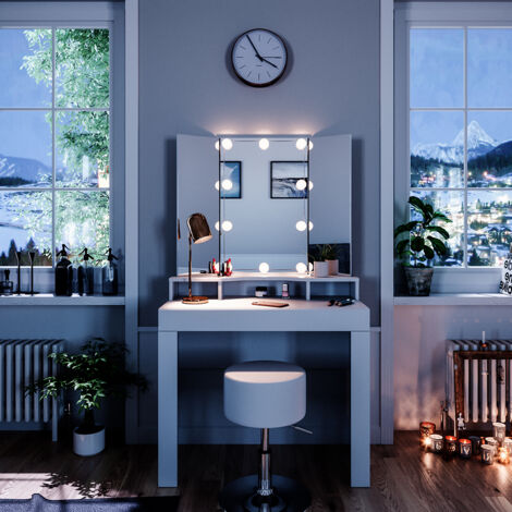 Coiffeuse Vicco Isabelle Avec LED, Miroir, Tiroir Et Tabouret - Blanc (neuve)