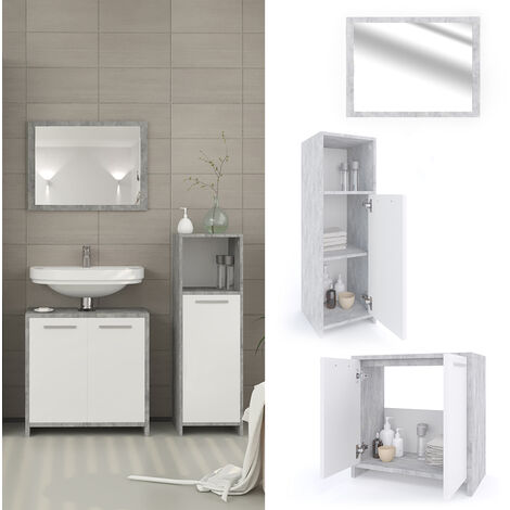 Set mobili da bagno „Kiko“ calcestruzzo/bianco 3 pezzi Vicco