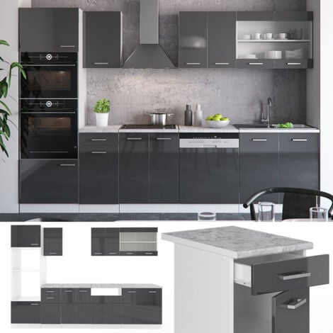 Cucina componibile R-Line, Antracite lucido/bianco, 300 cm con armadio alto, senza piano di lavoro, Vicco