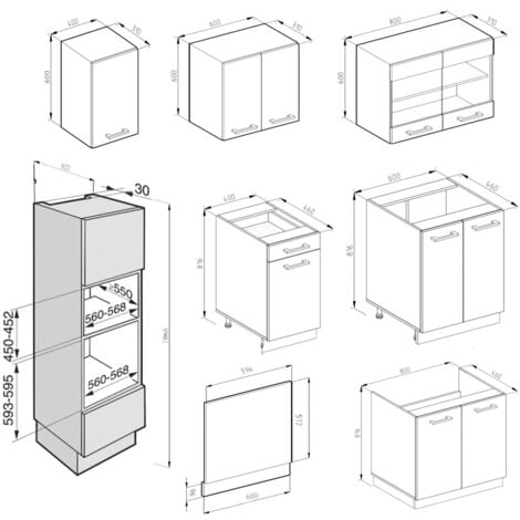 Cucina componibile R-Line, Antracite lucido/bianco, 300 cm con armadio alto, senza piano di lavoro, Vicco