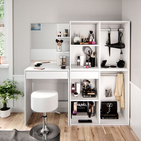 Tavolo da toeletta Isabelle, Bianco, 60 cm con sgabello e armadio, Vicco