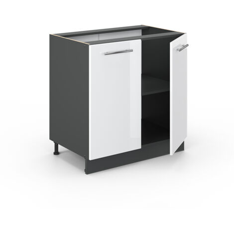 Mobile lavello cucina Fame-Line, Bianco lucido, 80 cm con ripiano, senza piano di lavoro, Vicco
