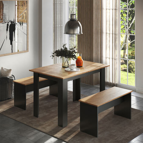 Set di tavoli da pranzo Sentio, Antracite/Rovere dorato, 112 x 73.6 cm con 2 panche, Vicco