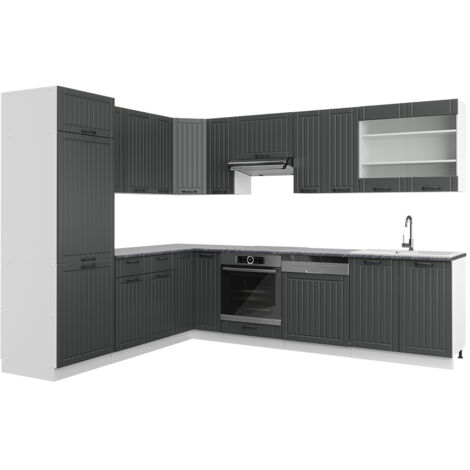 Cucina angolare completa Fame-Line, Antracite casa di campagna/bianco, 227 x 60 cm senza piano di lavoro, Vicco