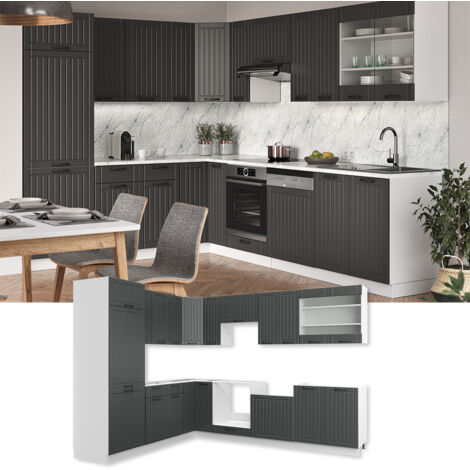 Cucina angolare completa Fame-Line, Antracite casa di campagna/bianco, 227 x 60 cm senza piano di lavoro, Vicco