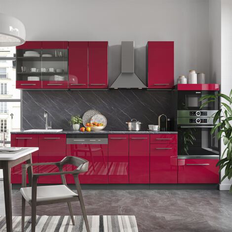 Cucina componibile Fame-Line, Bordeaux lucido/antracite, 300 cm con armadio alto, senza piano di lavoro, Vicco